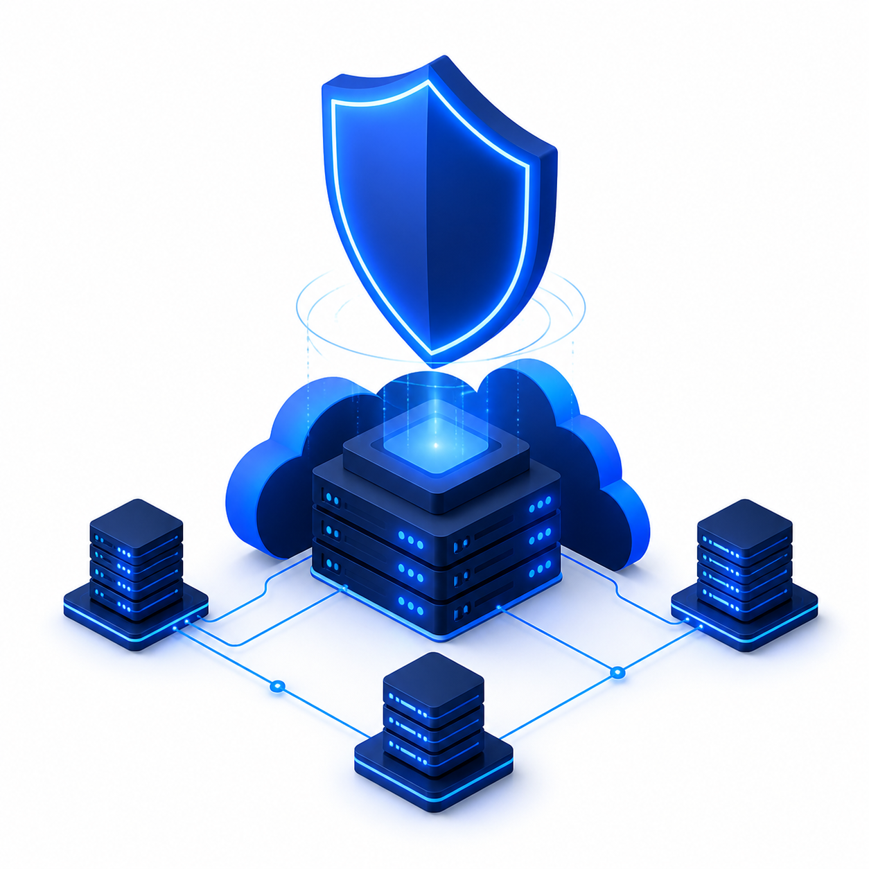 Cloud security infrastructure with shield protection over connected server racks and cloud platforms like AWS Azure and GCP
