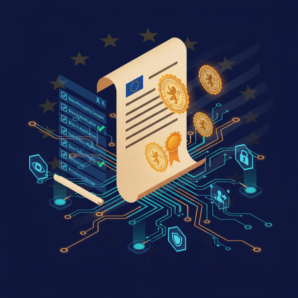 GDPR compliance checklist with EU regulation documents, audit stamps, and data flow diagrams on a dark blue background