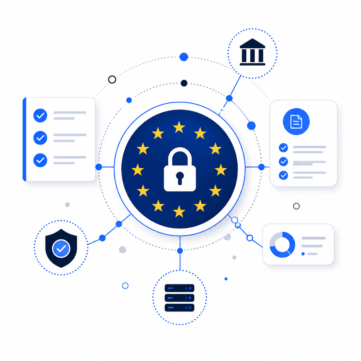 NIS2 directive compliance framework with EU security lock symbol surrounded by compliance checklists and regulatory requirements